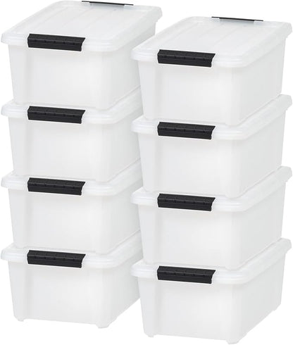 IRIS USA 13.5 Qt Stackable Plastic Storage Bins with Lids, 8 Pack - BPA-Free, Made in USA - Discreet Organizing Solution, Latches, Durable Nestable Containers, Secure Pull Handle - Pearl
