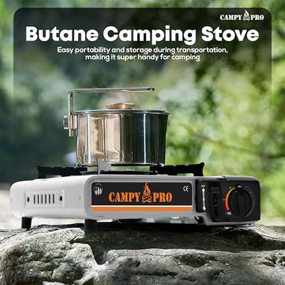 Portable Butane Gas Stove with Automatic Ignition and Carrying Case – Compact Camping Stove for Hiking, Outdoor Cooking, and Emergency Use (WHİTE)