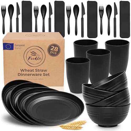 FOODLE Wheat Straw Dinnerware Set - RV, Camping, Picnic Plates Cups & Bowls