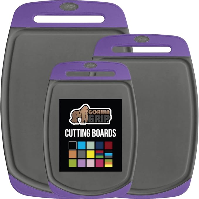 GORILLA GRIP BPA-Free Reversible Kitchen Cutting Board Set of 3, US Designed, Nonporous, Juice Grooves Catch Liquid, Slip Resistant Border, Dishwasher Safe, Durable Food Chopping Boards, Purple Gray