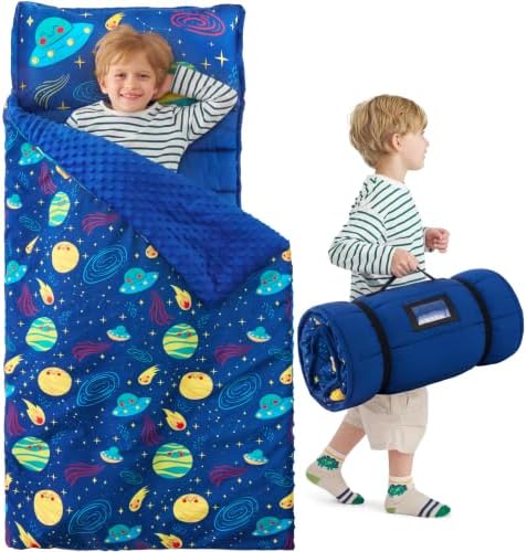 JOIEDOMI Toddler Nap Mat with Removable Pillow and Minky Blanket 55''x30'' Kids Sleeping Bag for Boys and Girls Ages 3-6 Roll Up Soft Nap Mats for Preschool Kindergarten Daycare Sleepover