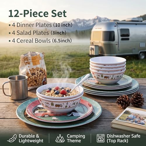 Melamine Dinnerware Set, 12-Piece Camping Dishes, Service for 4