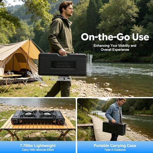 2-Burner Portable Camping Stove, Double Burner Butane Stove, Butane Camping Stove Kit with Carrying Case, Outdoor Travel Camp Stove for Camping, BBQ, Home