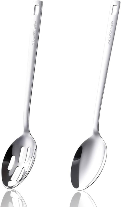18/8 Stainless Steel Cooking Spoons Set - 2-Piece Solid Slotted Serving Spoon Cooking Utensils set for Pasta, Veggies, Salads (Dishwasher-Safe)