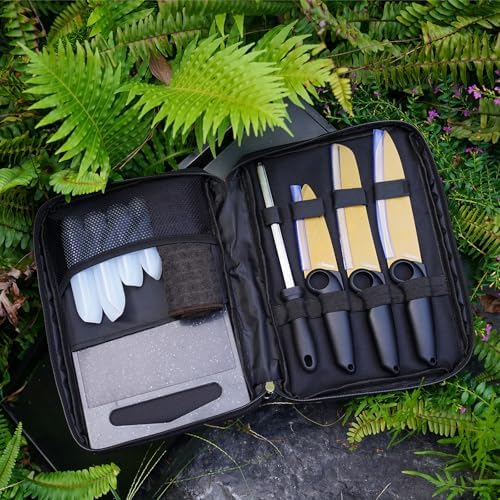 Outdoor Santoku Knife Set – 3 Titanium-Coated Knives with Grip Ring Handles, Sharpener, Cutting Board, Seasoning Bottles & Travel Case – Portable BBQ, RV & Beach Cooking Kit