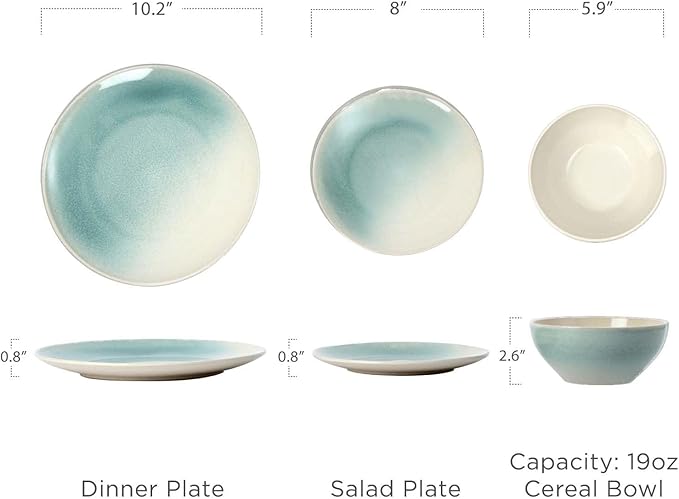Famiware Glacier Dinnerware Sets, Plates and Bowls Dish Sets for 8 (24 Pieces), Stoneware Tableware - Dishwasher and Microwave Safe, Handcrafted Reactive Glaze, Aqua