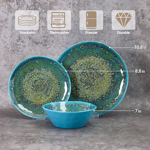 Melamine Dinnerware Set of 12Pcs,Camping Dinnerware, Dishwasher safe Lightweight Unbreakable Dishes Set for Patio, RV, Rustic Farmhouse Dinner Plates