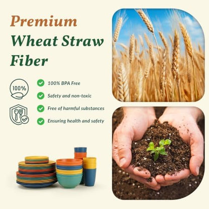 40-Piece Unbreakable Plastic Wheat Straw Dinnerware Set - Multi Color, 8-Person Dish Set for Dinner, Plates, Bowls, Cups & Appetizer Plates - Perfect for Outdoor Camping