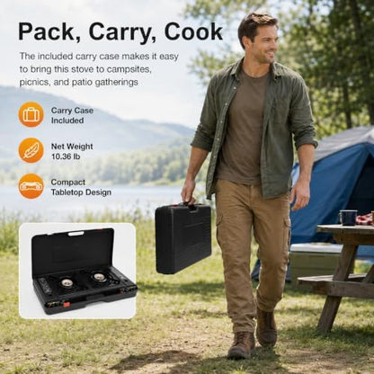 Portable Camping Stove 2 Burner Propane Gas Stove with Carry Case