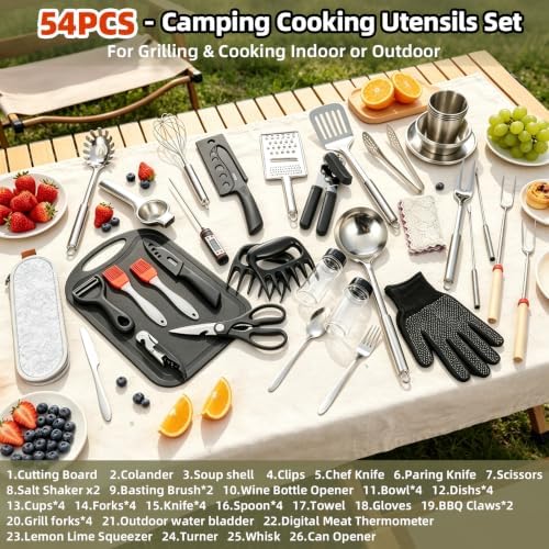 Jorunhe Camping Cooking Utensils Set – Portable Outdoor Cooking Utensils for Camping, RV, Backpacking & BBQ | Complete Camp Kitchen Gear Set with Carry Bag, Grilling Tools & Cooking Accessories