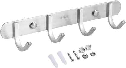 Coat Hook Wall Mount Towel Hook Rack with 4 Hooks 11-inch Hanger for Hanging Clothes, Bags, Keys, Easy to Install Rail for Bedroom, Bathroom, Entryway, Door, 304 Stainless Steel Brushed Nickel