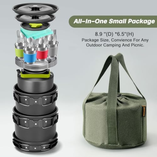 Odoland 29pcs Camping Cookware Mess Kit, Non-Stick Lightweight Pots Pan Kettle, Collapsible Water Container and Bucket, Stainless Steel Cups Plates Forks Knives Spoons for Outdoor Backpacking Picnic