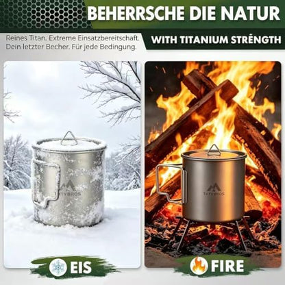 THTYBROS Titanium Cup Ultralight Camping Mug with Foldable Handle & Lid, Pure Titanium Cookware for Outdoor Hiking, Backpacking, Picnic, and Campfire