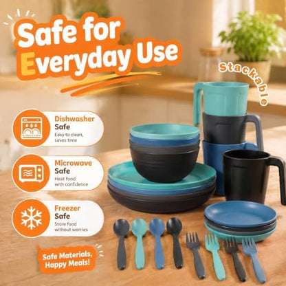 Wrova Plates and Bowls Sets for 4, 24-Piece Wheat Straw Dinnerware Sets
