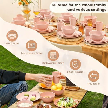 Homienly Unbreakable 40 PCS Wheat Straw Dinnerware Sets Service for 8 Pink