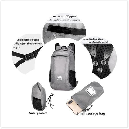 Small Foldable Hiking Daypack Packble Skin Casual Backpack Camping Cycling Travel Outdoor Day Bags Useful (Gray)