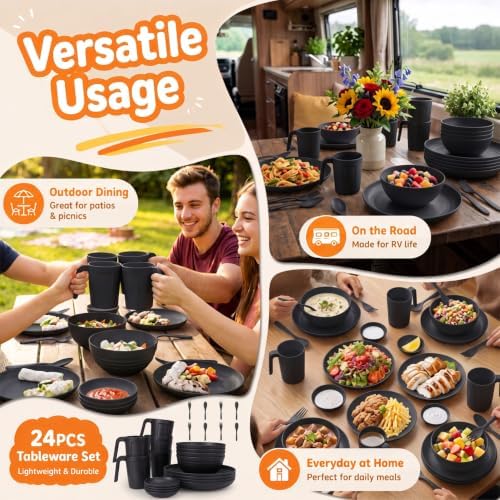 Wrova Black Plates and Bowls Sets for 4, Wheat Straw Dinnerware Sets 24PCS