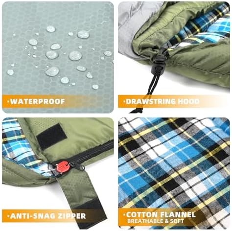 Cotton Flannel Lined Sleeping Bag for Adults Teens Kids, Cold Weather &Warm, 3 Seasons, Lightweight Compact Camping Essentials Equipment, Hiking, Outdoor, Travel