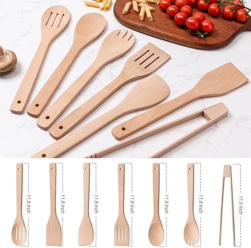 Eisinly 7-Piece Wooden Cooking Spoons, Sturdy Beech Utensil Set