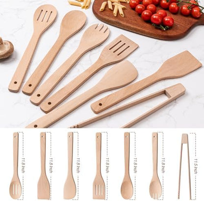 Eisinly 7-Piece Wooden Cooking Spoons, Sturdy Beech Utensil Set