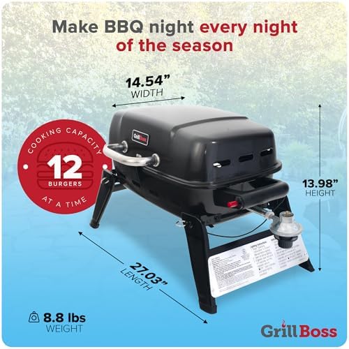 Grill Boss 1 Burner Portable Gas Grill, 10,000 BTU Propane Tabletop BBQ with Porcelain Coated Grate for Camping, Patio, and Outdoor Cooking, Black