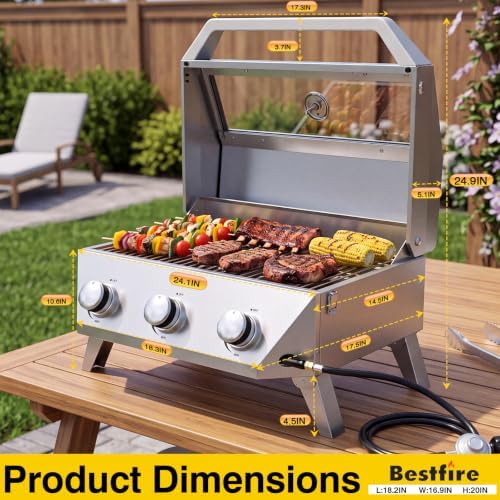 Bestfire 3-Burner Tabletop Propane Gas Grill, 30,000 BTU Portable Propane BBQ Grill with Viewing Glass Lid & Thermometer, Stainless Steel Outdoor Cooking Grill for Camping, RV, Patio and Tailgating