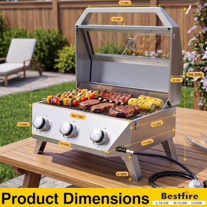 Bestfire 3-Burner Tabletop Propane Gas Grill, 30,000 BTU Portable Propane BBQ Grill with Viewing Glass Lid & Thermometer, Stainless Steel Outdoor Cooking Grill for Camping, RV, Patio and Tailgating