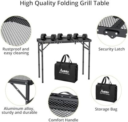 Anbte Folding Grill Table, 3ft Tri-Fold Aluminum Folding Table Adjustable Height Max 27.5" Grill Table with Mesh Desktop, Lightweight, Portable Handle for Outdoor Cooking BBQ Picnic (Black)