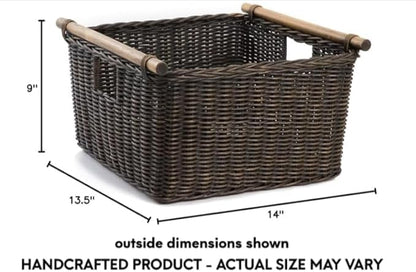 The Basket Lady Deep Pole Handle Wicker Storage Basket, Medium, 13.5 in L x 14 in W x 9 in H, Antique Walnut Brown