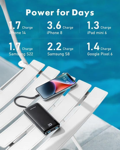 charmast Portable Charger with Built in Cables, Power Bank with Cords Wires, Slim 10000mAh Travel Battery Pack 6 Outputs 3 Inputs 3A Fast Charging for Samsung Google Pixel LG Moto iPhone iPad