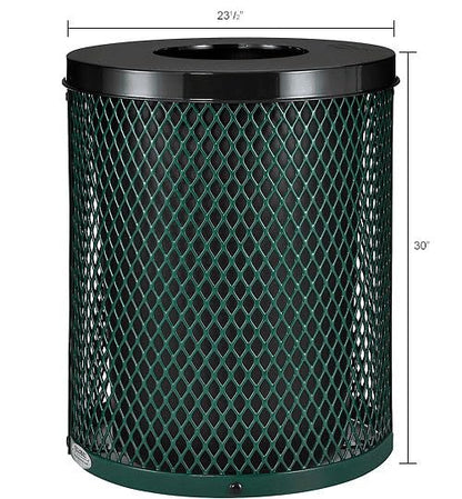 Global Industrial Outdoor Diamond Steel Trash Can with Flat Lid and Plastic Liner, 36 Gallon Capacity, Green, Thermoplastic Coating, 23-1/2" Diameter, 30" H