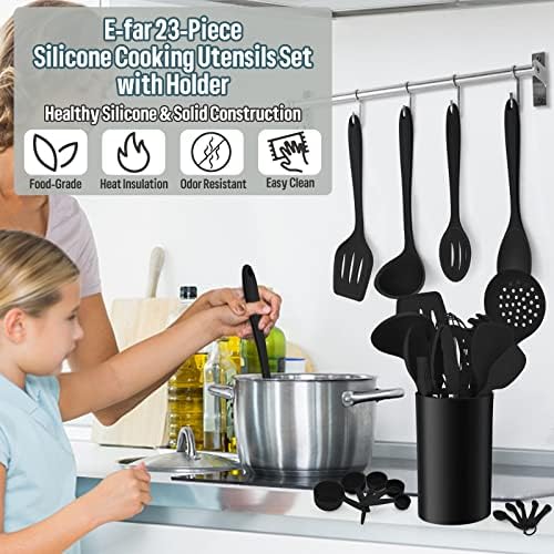 Silicone Kitchen Utensils Set, E-far 23 Pcs Black Cooking Utensils Tools with Holder for Nonstick Cookware, Include Spatula/Spoon/Ladle/Tongs/Turner, Heat Resistant & Nontoxic, Dishwasher Safe