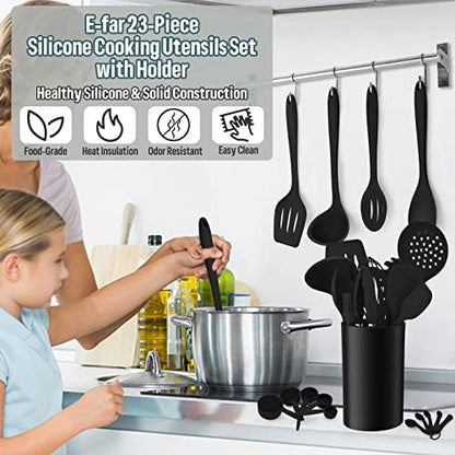Silicone Kitchen Utensils Set, E-far 23 Pcs Black Cooking Utensils Tools with Holder for Nonstick Cookware, Include Spatula/Spoon/Ladle/Tongs/Turner, Heat Resistant & Nontoxic, Dishwasher Safe