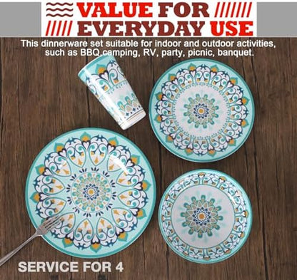 Melamine Dinnerware Set for 4-16 Pcs:Camping Dishes Set with Dinner Plates,Salad Plates,Bowls and Cups.Lightweight and Unbreakable.Indoor and Outdoor Use.