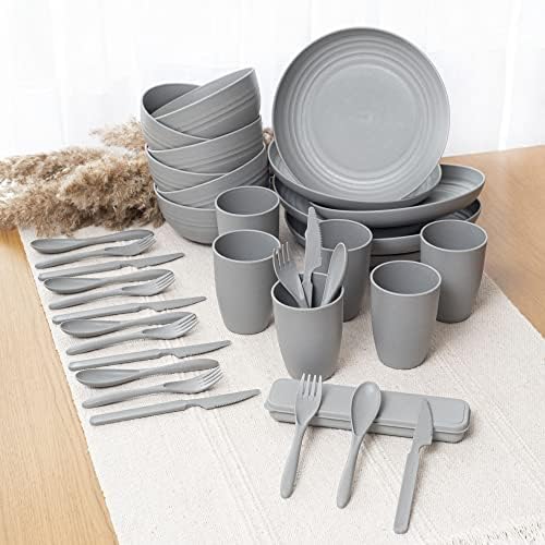 FOODLE Wheat Straw Dinnerware Set - RV, Camping Plates Cups and Bowls Set