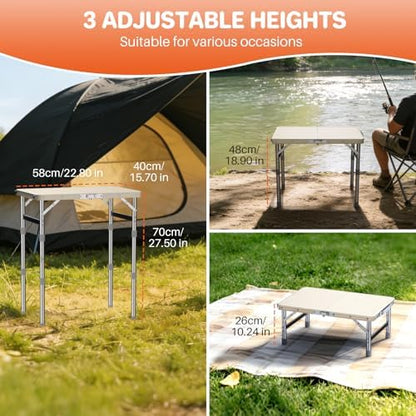 FUNYKICH Waterproof Folding Camping Table, 3 Height Adjustable Max 27.5''