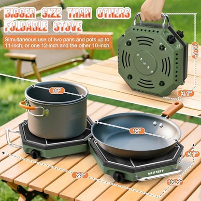 Camping Stove Propane Two Burner, 34000BTU Foldable Camp Stove Gas Propane Burners for Outdoor Cooking, Portable Stoves Gas Burners with Windsheild, Carrying Bag, Grates, Regulator