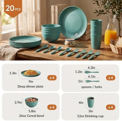 Wheat Straw Dinnerware Sets, Homienly 20pcs Unbreakable Microwave Dishwasher Safe Tableware Lightweight Bowls, Cups, Plates Set Reusable Dinner Plates Bowls set (Green)