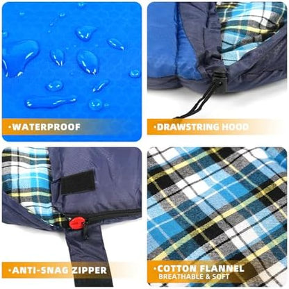 Cotton Flannel Lined Sleeping Bag for Adults Teens Kids, Cold Weather & Warm, 3 Seasons, Lightweight Compact Camping Essentials Equipment, Hiking, Outdoor, Travel