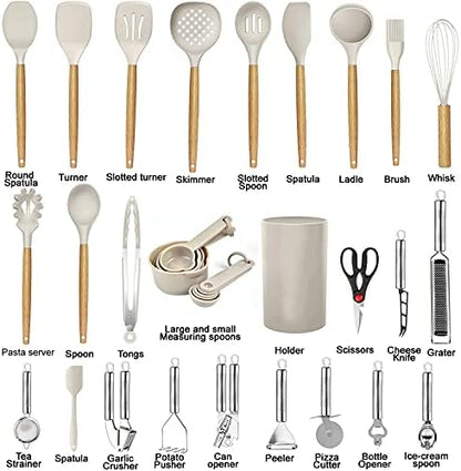 Kitchen Utensils Set- 35 PCs Cooking Utensils with Grater,Tongs, Spoon Spatula &Turner Made of Heat Resistant Food Grade Silicone and Wooden Handles Kitchen Gadgets Tools Set for Nonstick Cookware