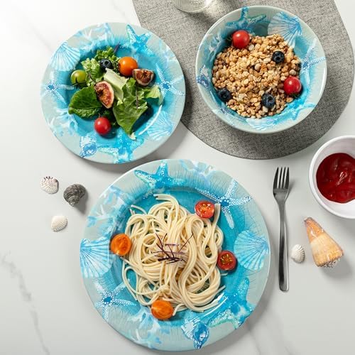 12 PCS Melamine Dishes Dinnerware set, Coastal Plate and Bowls Set