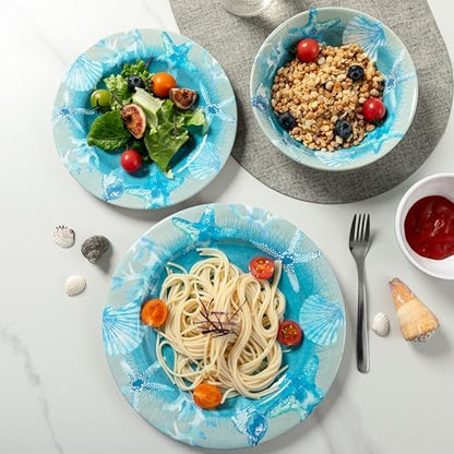 12 PCS Melamine Dishes Dinnerware set, Coastal Plate and Bowls Set