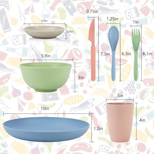 Wrova wheat straw bowls,plates,cups and cutlery sets 28 pcs - Unbreakable Dishwasher Safe dinnerware sets service for 4 - Ideal dish sets for kitchen, camping, indoors and out doors.Nordic
