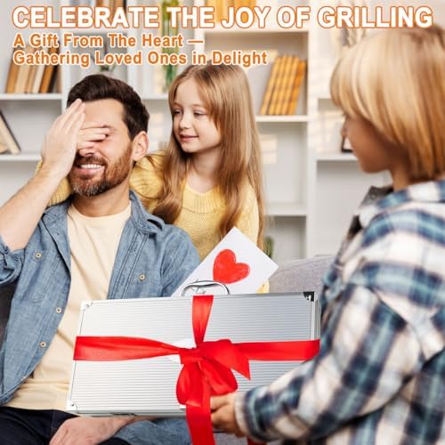 POLIGO 26Pcs Exclusive BBQ Grill Accessories in Aluminum Case for Birthday Fathers Day Grilling Gift - Grill Utensils Set with Barbecue Claws, Meat Injector, Thermometer for Smoker, Camping BBQ Silver