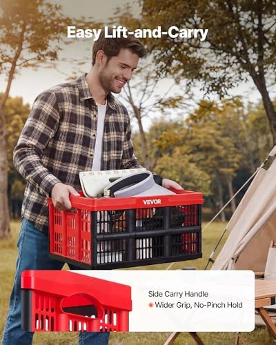VEVOR Plastic Collapsible Storage Bins, 32L 3 Packs, Stackable Folding Storage Crates with Handles, Holds 26 lbs Per Bin, Foldable Heavy Duty Containers, Space-Saving Baskets, for Home Organizing
