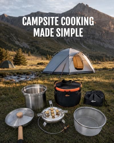 Camping Cookware Set with Stove, Stainless Steel Outdoor Cooking Kit with Pot, Strainer Pot, Frying Pan, Adapter and Storage Bag, Portable Camping Pots and Pans Set for Camping, Hiking, Backpacking