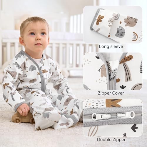 Baby Sleep Sack 12-18 Months, Long Sleeve Baby Wearable Blanket 0.5 Tog with Mittens, 2-Way Zipper Toddler Cotton Sleeping Sack for Boy and Girl Grey Elephant 2 Pack(Large)