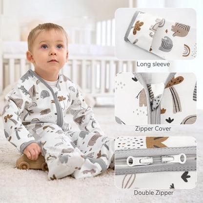 Baby Sleep Sack 12-18 Months, Long Sleeve Baby Wearable Blanket 0.5 Tog with Mittens, 2-Way Zipper Toddler Cotton Sleeping Sack for Boy and Girl Grey Elephant 2 Pack(Large)