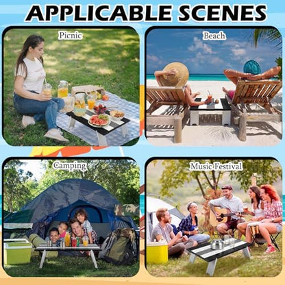 CroBlissful Beach Table Folding Camping Portable Table Striped White Aluminum Side with Carry Bag for Summer Camping Picnics and Outdoor Activities(16x11x5 in,Gray)