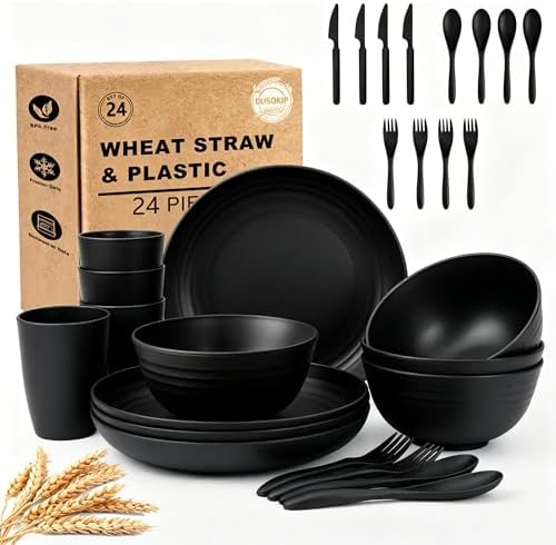 Plates and Bowls Sets for 4, Unbreakable Kid Dinnerware Sets- Black